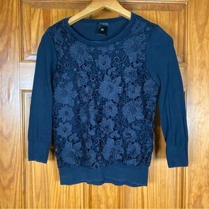 Ann Taylor Black Knit Long sleeve Top with Floral Lace Overlay 100% cotton